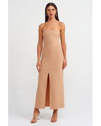 Dilvin - Strapless Fitted Midi Dress With Slit - Lyst