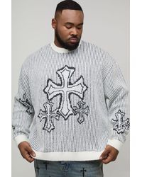 BoohooMAN - Plus Oversized Boxy Fluffy Cross Jacquard Knitted Jumper - Lyst