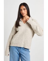 Boohoo - Collared Boucle Knitted Pocket Detail Jumper - Lyst