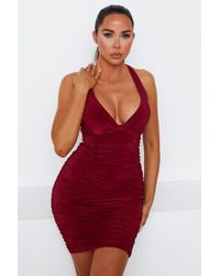 Femme Luxe - Slinky Ruched Plunge Bodycon Mini Dress - Lyst