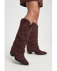 Boohoo - Wide Fit Fold Over Embroidered Knee High Western Boots - Lyst