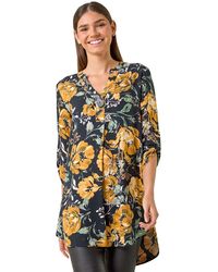 Roman - Floral Print V-Neck Button Detail Tunic Top - Lyst