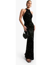 Boohoo - Velvet Sequin Halterneck Slip Maxi Dress - Lyst