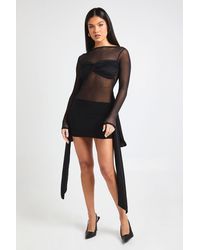 Boohoo - Mesh Wrap Knot Detail Mini Dress - Lyst
