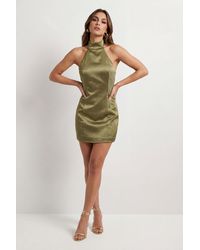 MissPap - High Neck Halter Panelled Satin Mini Dress - Lyst