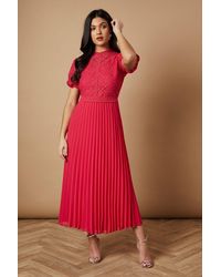 Oasis - Lace Puff Sleeve Pleated Midi Dress - Lyst