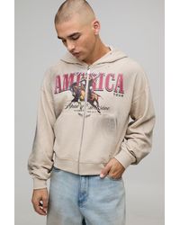 BoohooMAN - Stone Shrunken Fit America Western Distressed Washed Printed Zip Through Hoodie - Lyst
