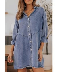 Azura Exchange - Dames Knopjes Lange Mouw Denim Mini-jurk In Luchtblauw - Lyst