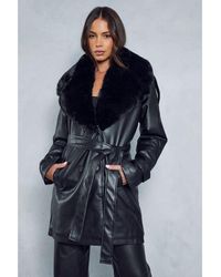 MissPap - Leather Look Fur Collar Detail Trench Coat - Lyst