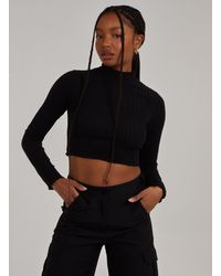 Pink Vanilla - Wide Brushed Ribbed Lettuce Hem Long Sleeve Crop Top - Lyst