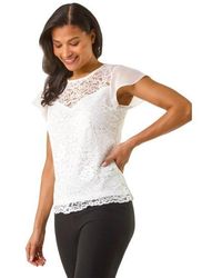 Roman - Chiffon Sleeve Floral Lace Top - Lyst