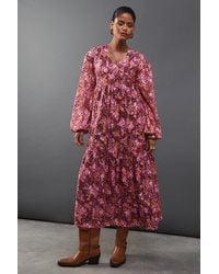 Warehouse - Floral Burnout Chiffon Wrap Smock Midi Dress - Lyst