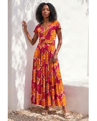 Roman - Floral Print Ruched Midi Dress - Lyst