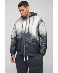 BoohooMAN - Oversized Abstract Print Hooded Bomber Jacket In Charcoal - Lyst