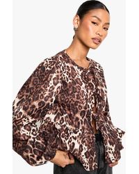 Boohoo - Dark Leopard Tie Front Puff Long Sleeve Smock Top - Lyst