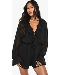 Boohoo - Chiffon Long Sleeve Ruffle Romper - Lyst
