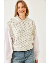 Bianco Lucci - Textured Knit Crop Sweater With Shirt Collar - Lyst