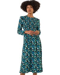 Roman - Floral Print Shirred Stretch Midi Dress - Lyst