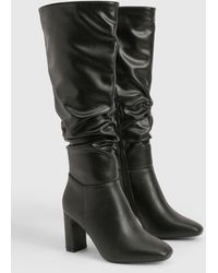 Boohoo - Wide Fit Ruched Knee High Heeled Boots - Lyst
