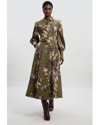 Karen Millen - Floral Print Cotton Sateen Woven Belt Detail Midi Skirt - Lyst
