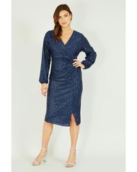 Yumi' - Sequin Ruched Wrap Long Sleeve Dress - Lyst