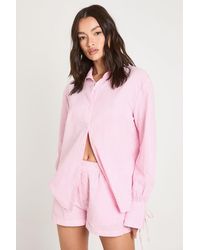 Boohoo - Crinkle Stripe Tie Cuff Shirt And Short Co-Ord - Lyst