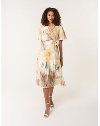 Blue Vanilla - Watercolour Floral Printed Wrap Front Pleated Dress - Lyst