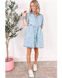 Azura Exchange - Beau Mineral Wash Ruffled Short Sleeve Buttoned Denim Dress Cotton - Lyst