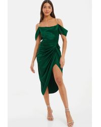 Quiz - Green Satin Ruched Cold Shoulder Midi Dress - Lyst