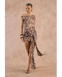 Boohoo - Animal Print Asymmetric Shoulder Tie Front Mini Dress - Lyst