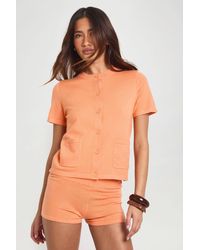 Boohoo - Rib Knit Button Up Crew Neck Top And Micro Short Co-Ord - Lyst