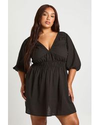 Boohoo - Plus Linen Look Puff Sleeve Shirred Waist Skater Dress - Lyst