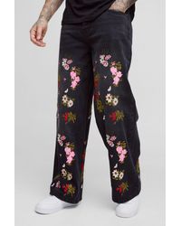 BoohooMAN - Tall Baggy Fit Floral Embroidered Jeans - Lyst