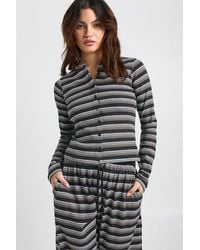Boohoo - Stripe Rib Button Through Long Sleeve Top - Lyst