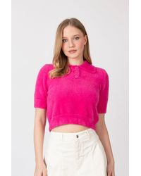 Hiccup - Shirt Collar Buttoned Short Sleeve Fluffy Sweater - Lyst