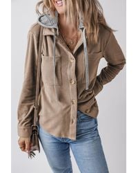 Azura Exchange - Lichte Kaki Hoodie Met Trekkoord En Zakken Van Corduroy Shacket - Lyst