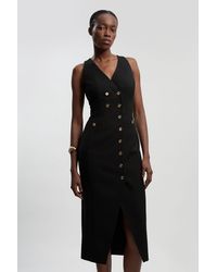 Karen Millen - Textured Compact Stretch V Neck Button Detail Midi Dress - Lyst