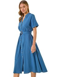 Roman - Linen Look Belted Shirt Dress - Lyst