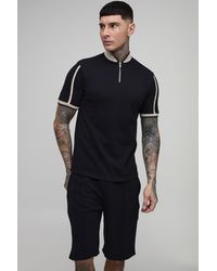 BoohooMAN - Tall Slim Fit Pique Interlock Bomber Neck Polo Smart Short Set - Lyst