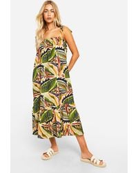 Boohoo - Printed Tie Strap Linen Look Midaxi Dress - Lyst