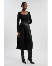 Karen Millen - Viscose Rib Pu Mix Tab Detail Pleated Knit Midi Dress - Lyst
