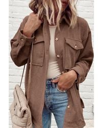 Azura Exchange - Kastanienbraune Corduroy Klappentaschen-Knopf-Front-Jacke - Lyst