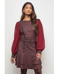 Oasis - Checked Belted Balloon Sleeve Flippy Mini Dress - Lyst