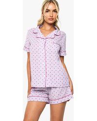 Boohoo - Heart Print Pinstripe Piping Detail Short Sleeve Shirt & Shorts Pyjama Set - Lyst