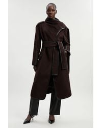 Karen Millen - Brushed Wool Pu Mix Scarf Neck Belted Tailored Maxi Coat - Lyst