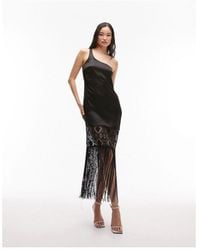 TOPSHOP - Premium One Shoulder Satin Midi Dress With Broderie And Fringe Detail - Lyst