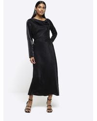 River Island - Black Long Sleeve Cowl Neck Column Dress - Lyst