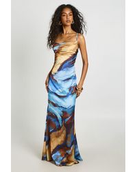 Boohoo - Tonal Abstract Print Cowl Neck Satin Maxi Dress - Lyst