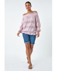 Roman - Lace Insert Frill Bardot Top - Lyst