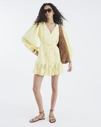 River Island - Mini Shirt Dress Long Sleeve Cutwork Cotton - Lyst
